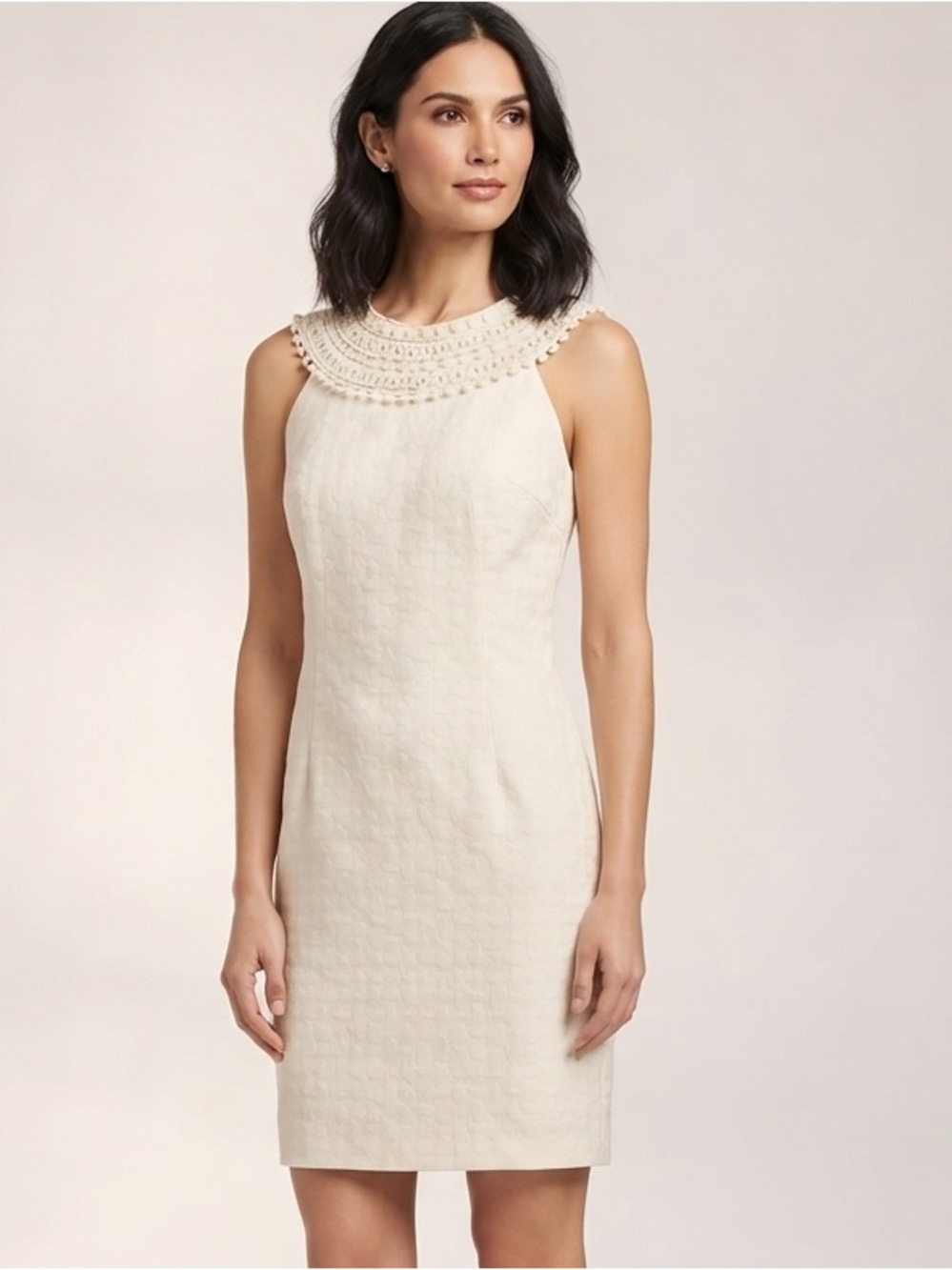 Laundry by Design Cream Jacquard Sheath Dress Size 10 Crochet Collar Cutout Back